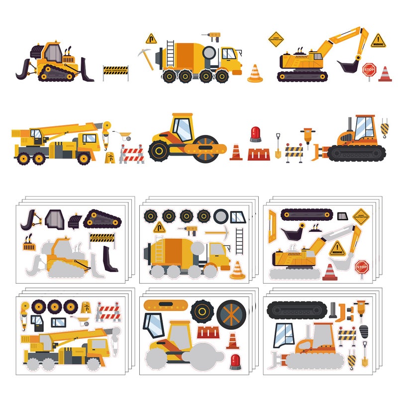 T-Antrix 24 Sheets Make Your Own Construction Stickers Make A Face Stickers for Kids Toddlers with Trucks DIY Craft Stickers Kids Truck Themed Birthday Truck Party Supplies - Image 2